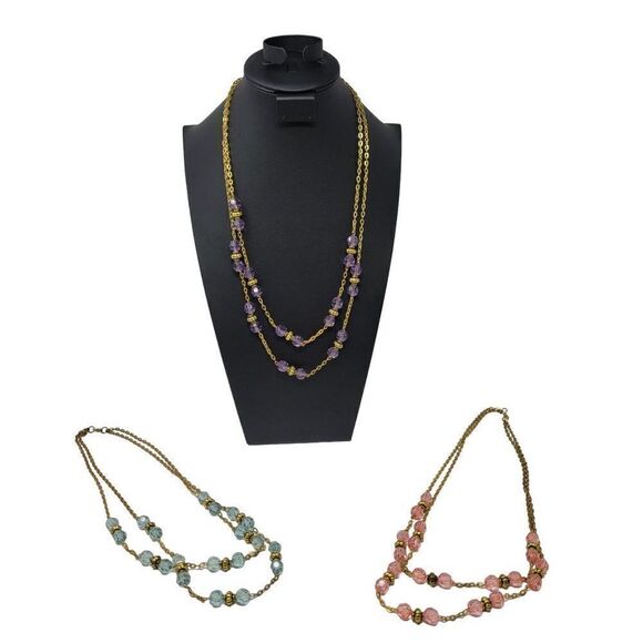 Necklace Opera 28" Gold Tone Chain Pastel Beaded Pink Blue Purple 3pc Set - Picture 1 of 13